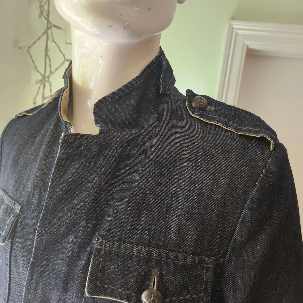 Mens Dark Wash Denim Military Field Jacket Stand Collar Epaulettes Navy Blue - Picture 5 of 14